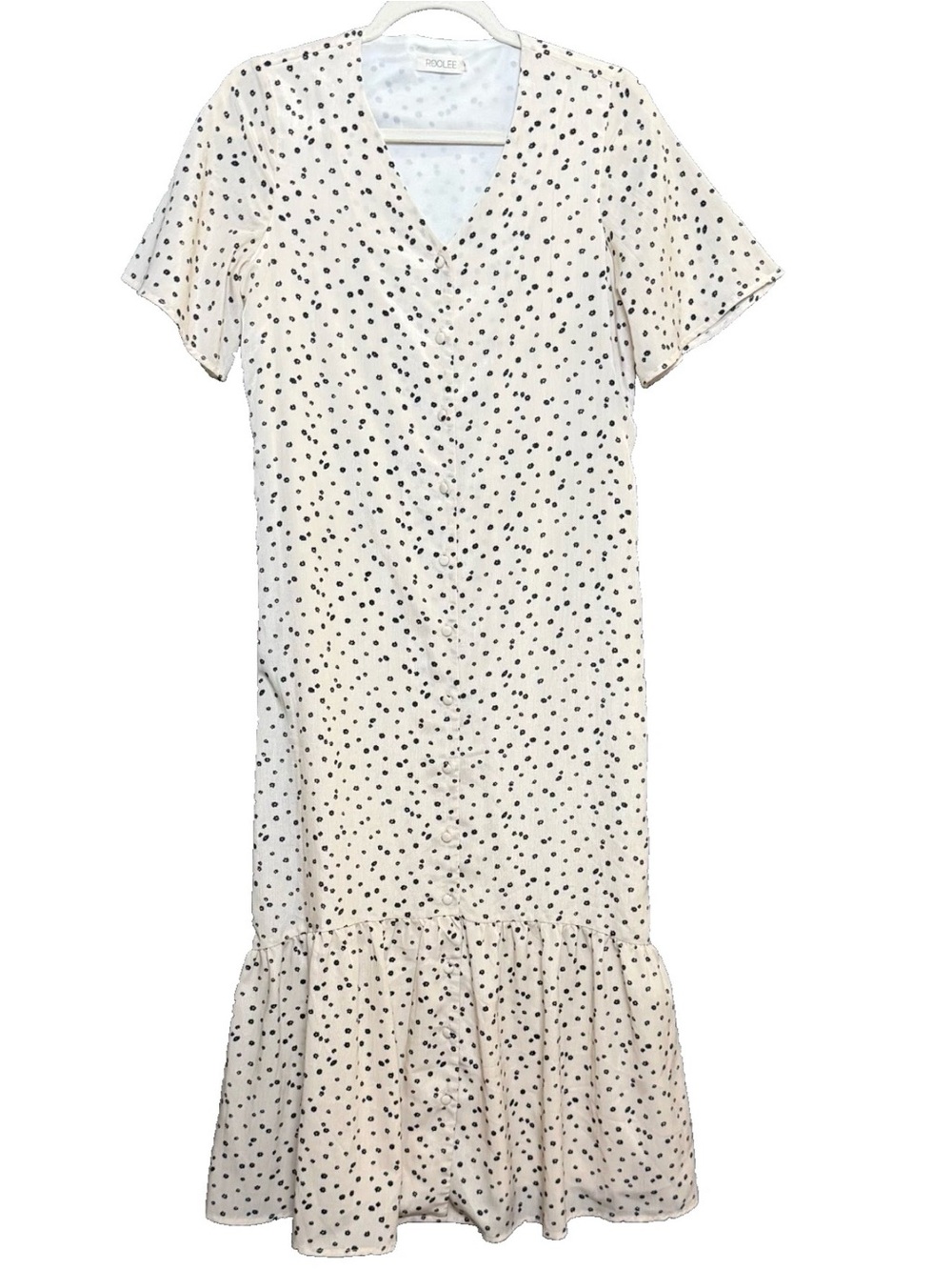 Roolee Maxi Dress cream v-neckline short sleeve lined SZ S ruffle hem lined.